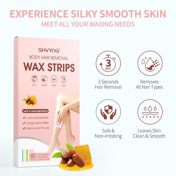 SHVYOG Wax Hair Removal for Women, Body Hair Removal Wax Kit，40 Count Large Size Waxing Strips with 6 Finished Wipes