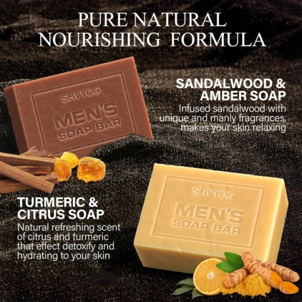 SHVYOG Mens Soap,4 Pack Mens Bar Soap, Deep Cleansing, Moisturizing Bar Soap, Sandalwood Amber, Mint, Charcoal, Turmeric - 150G*4